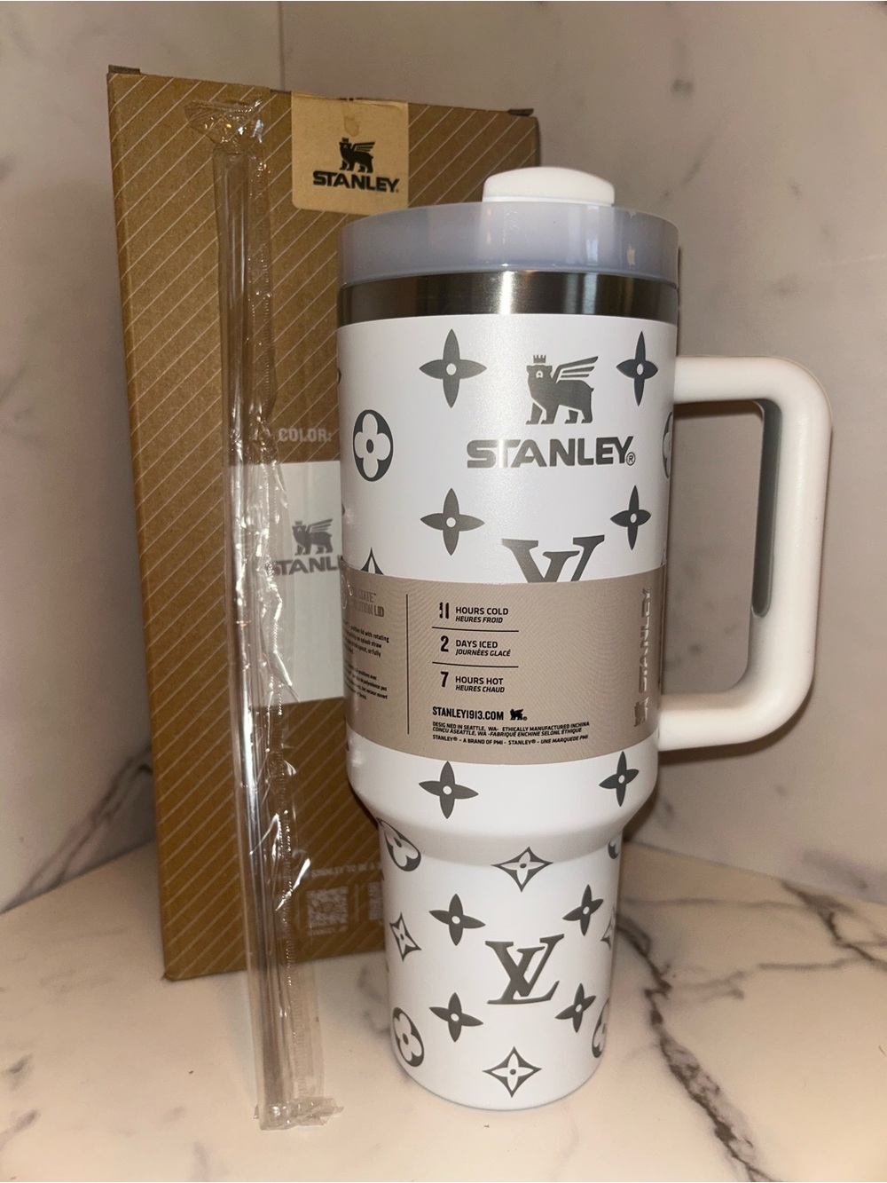 Stanley White Travel Mug 40 oz with Custom Silver Designer Monogram Pattern